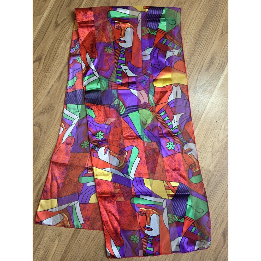 Vtg Cubist Art Inspired Scarf Picasso 13"x58" Poly Colorful Red Green Purple